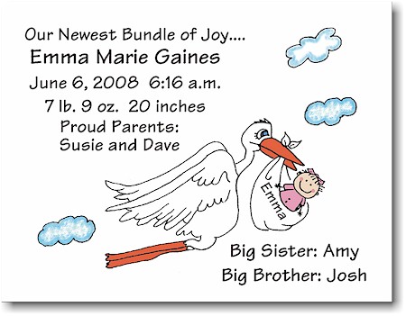 Pen At Hand Stick Figures Birth Announcements - Stork - Girl